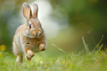 Cute little rabbit jumping in the garden