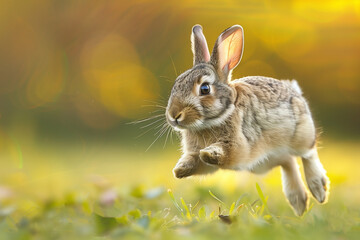 Cute little rabbit jumping in the garden