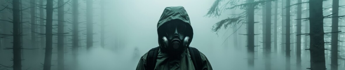 A toxicologist in protective gear standing in a misty forest surrounded by mysterious toxic fumes - obrazy, fototapety, plakaty