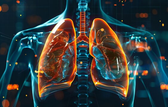 A smart inhaler for asthma patients visualizing medication delivery within the lungs against a clinical backdrop