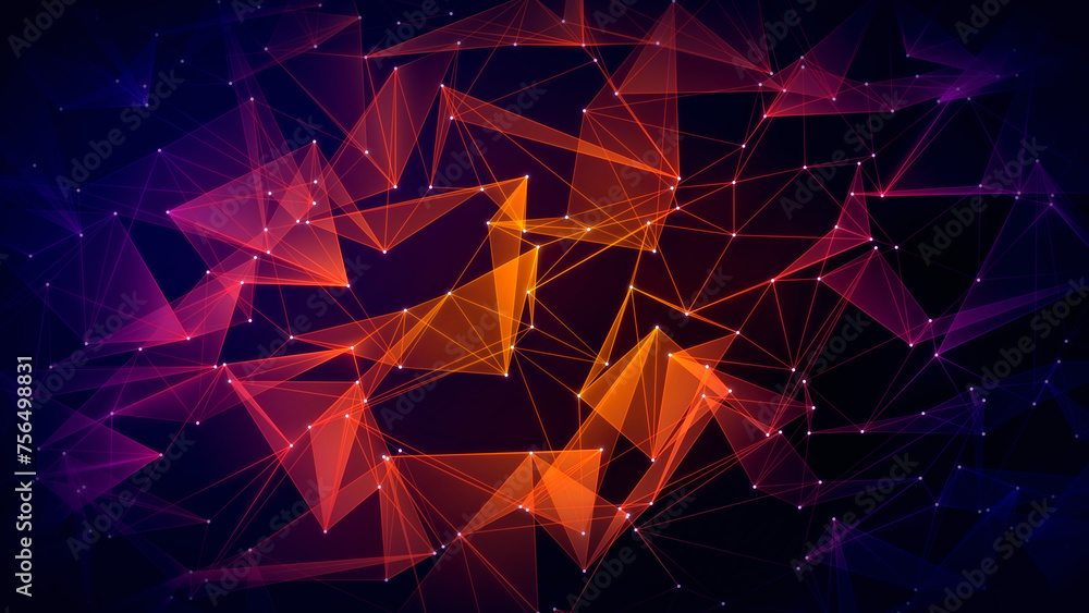 Poster abstract futuristic dark shiny blue purple orange connected lines and dots plexus triangles wirefram
