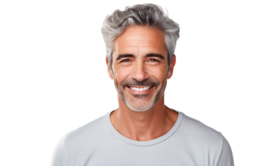 Portrait of a well-groomed mature man with grey hair and a beard, happy smiling, isolated on transparent background cutout