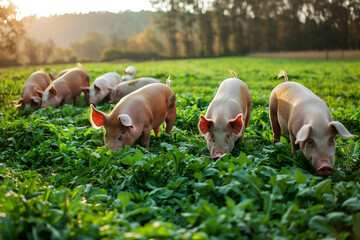 Free range domestic pigs eating on a meadow