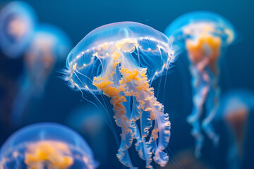 Glowing jellyfish swiming in deep blue sea - obrazy, fototapety, plakaty