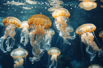 Glowing jellyfish swiming in deep blue sea