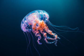 Glowing jellyfish swiming in deep blue sea