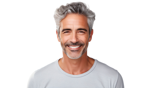 Portrait of a well-groomed mature man with grey hair and a beard, happy smiling, isolated on transparent background cutout