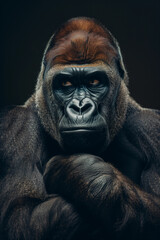 Portrait dominant male gorilla on black background
