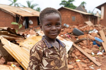 african boy in shirt looking at camera, in devastated place - obrazy, fototapety, plakaty
