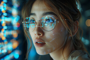 A young woman's gaze intersected by digital interfaces, a narrative on the blending of technology with human experience. - obrazy, fototapety, plakaty