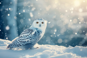 Snowy owl sitting on the plain with snowflakes