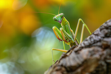 green praying mantis on tree branch