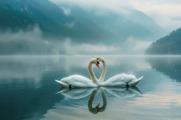 Fotobehang Romantic couple of swans in the lake mountain background with fog © anankkml