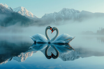 Romantic couple of swans in the lake mountain background with fog