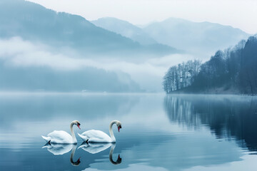 Romantic couple of swans in the lake mountain background with fog