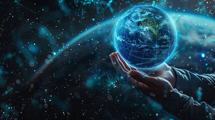 Businessman hand holding earth digital hologram in a futuristic interface on a background