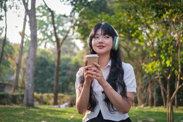 Satisfied young Asian woman listening to music with headphone and drinking coffee in the public park.