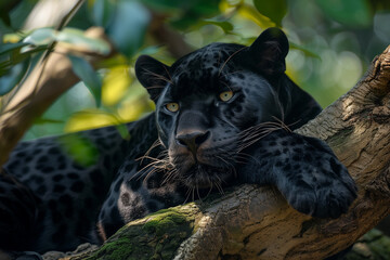 Black panther in tropical rainforest