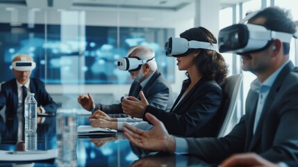 Futuristic business meeting in a virtual reality boardroom - obrazy, fototapety, plakaty