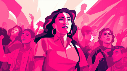 Artistic depiction of a feminist society website hero section with pink theme. Empowering women's activism. AI generative