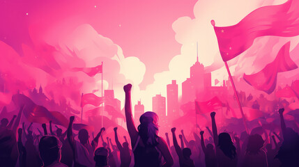 Illustration of feminist society website hero section with pink theme. Empowerment and equality concept. AI generative - obrazy, fototapety, plakaty