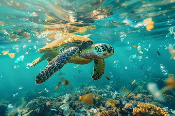 Fotobehang Green sea turtle swimming around plastic waste © anankkml