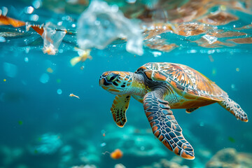 Green sea turtle swimming around plastic waste
