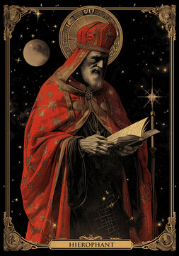 Tarot card  n.5 the Hierophant, religious figure symbol of beliefs and knowledge, card used in esoteric cartomancy by fortune tellers