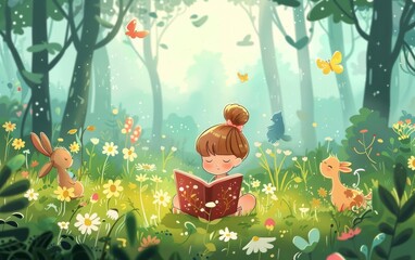 Little girl reading a fairy tale book in a vast forest surrounded by magical creatures cartoon style © Virtual Art Studio