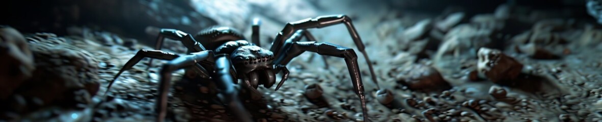 Mechanical spider in a mysterious cave sensors active navigating the uneven shadow filled terrain - obrazy, fototapety, plakaty