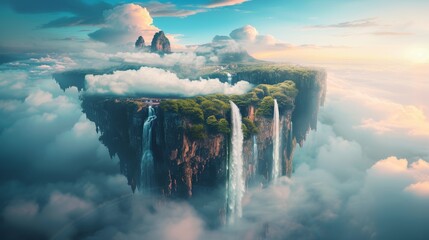 Majestic floating mountains with waterfalls pouring into clouds
