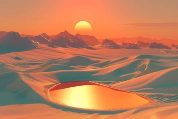 Fotobehang Mirage like desert landscape surreal sand dunes with a glowing oasis under a scorching sun © Virtual Art Studio