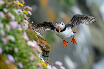 Closeup shot of an Atlantic puffin flying with a blurred background
