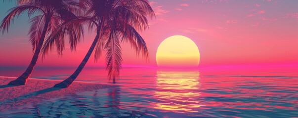 Nostalgic 80s vibe tropical sunset with neon palm trees serene beach atmosphere