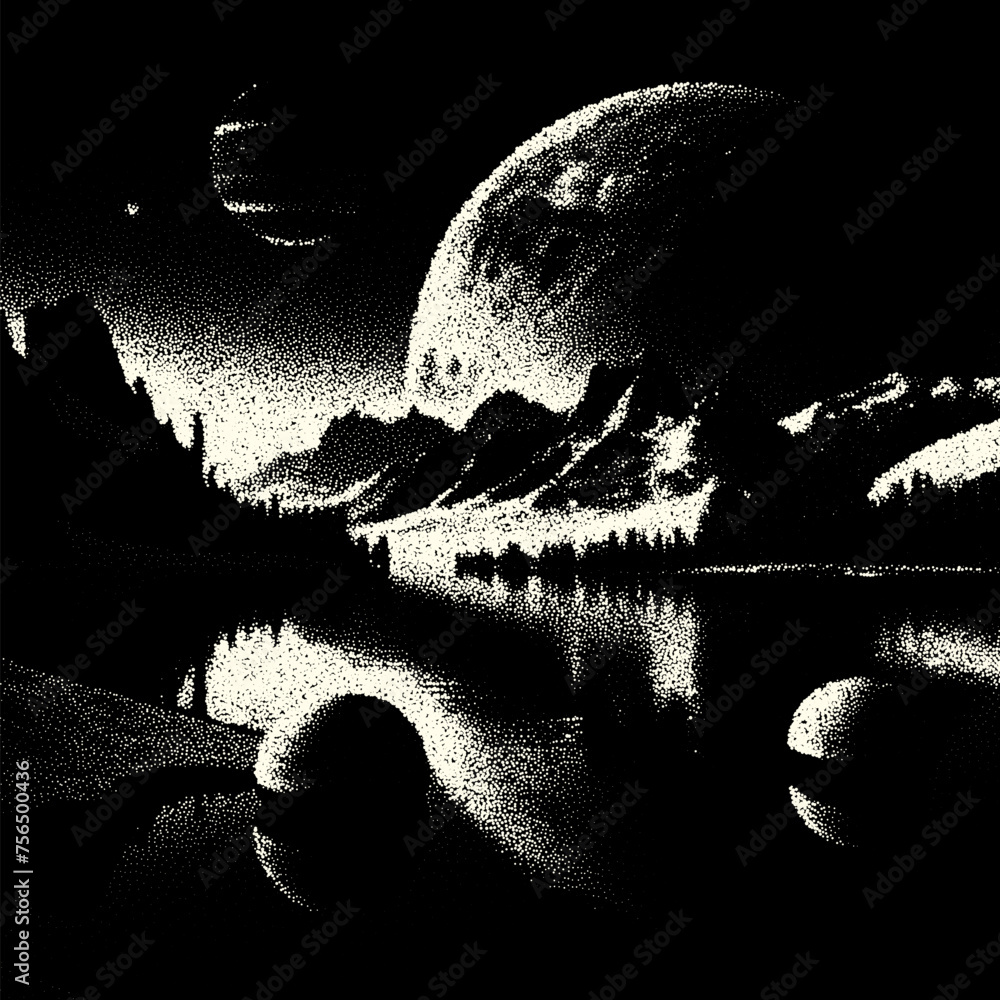 Poster alien planet landscape in retro dotwork style. planets and satellites over unknown planet in space. 