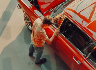Close-up hand male mechanic wearing suit for working in garage for safety in risky work, mechanic standing using polishing machine scrub surface car that comes garage make new color.