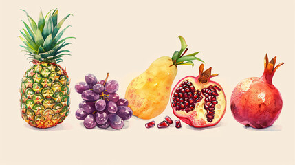 Pastel fruit illustration peach grapes pineapple