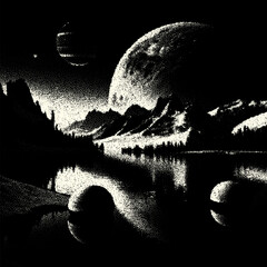 Alien planet landscape in retro dotwork style. Planets and satellites over unknown planet in space. Sci-fi world landscape beyond our galaxy.