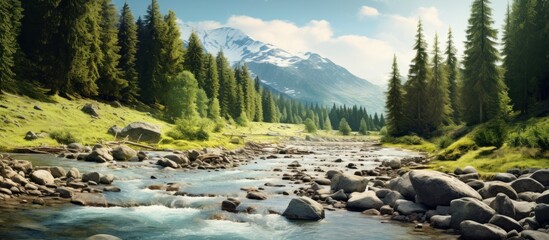 River in the mountains with rocks, grass on the river bank. Beautiful mountain views