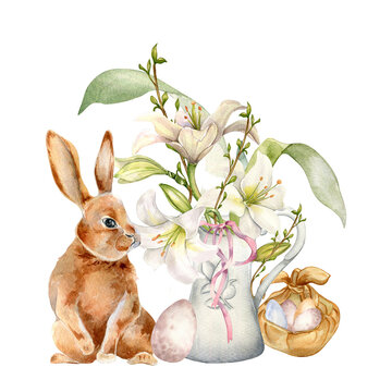 Easter bunny, eggs and white flowers in jug. Easter illustration isolated on white. Watercolor hare and gentle flowers hand drawn. Painted lily, primrose for design greeting card, decoration