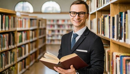 A male librarian wearing glasses smilin in the library, books room