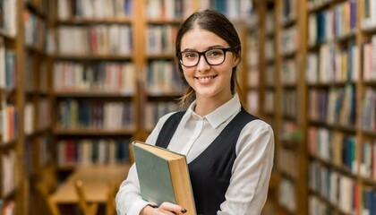 A female librarian wearing glasses smiling in the library, books room