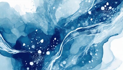 abstract watercolor and alcohol ink paint background navy blue and white flicks like snow with liquid fluid texture for background banner in concept winter