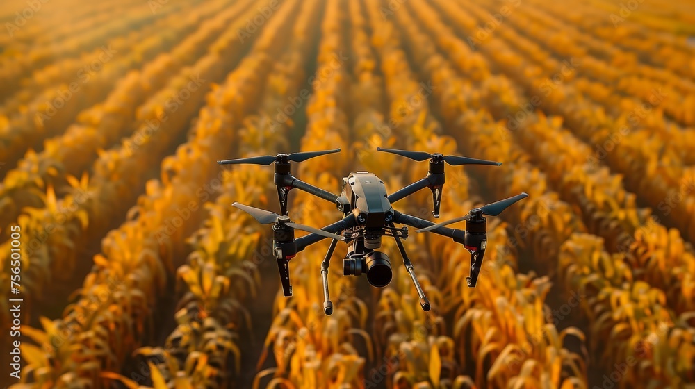 Poster precision agriculture scene showcasing drones and robots working together to analyze and optimize cr