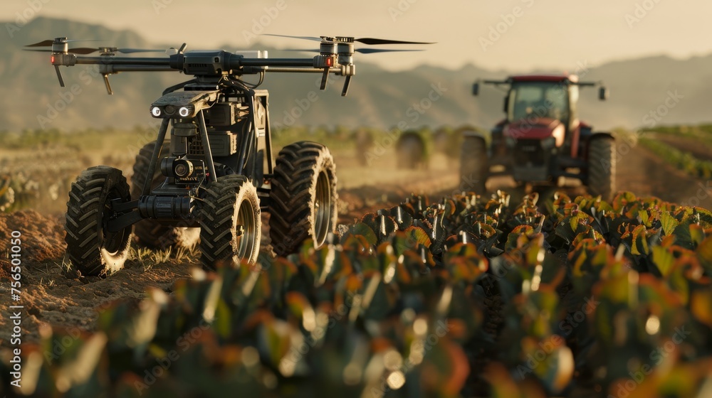 Poster precision agriculture scene showcasing drones and robots working together to analyze and optimize cr