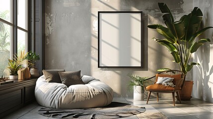 trendy woman room interior with a blank frame on the wall