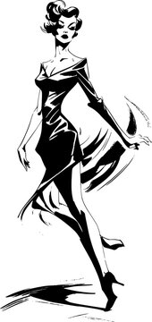 Woman portrait in hand drawing or engraving style. 60s styled beautiful comic book character in black and white.