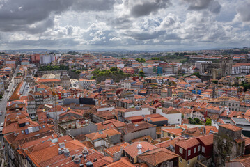 Aerial view from tower of Clerigos Church in Porto city, Portugal with Se Cathedral on right side