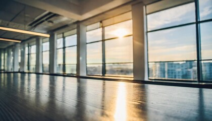 Fototapeta na wymiar beautiful blurred background of a light modern office hall with panoramic windows and beautiful lighting