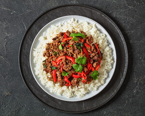 Thai holy basil stir fry with ground beef on plate